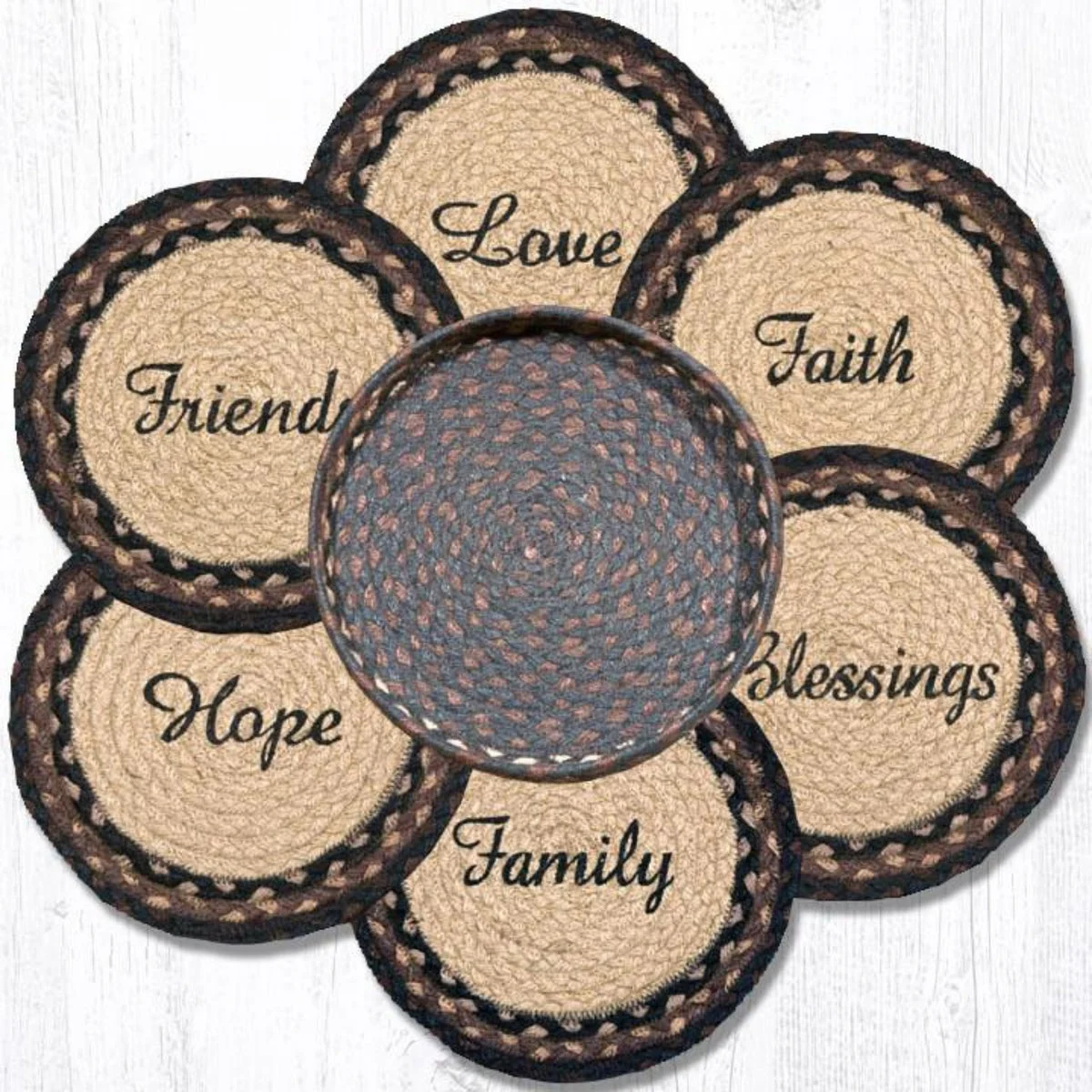Earth Rugs Round Jute Trivet 10"x10" – Blessings Print in Decorative Basket