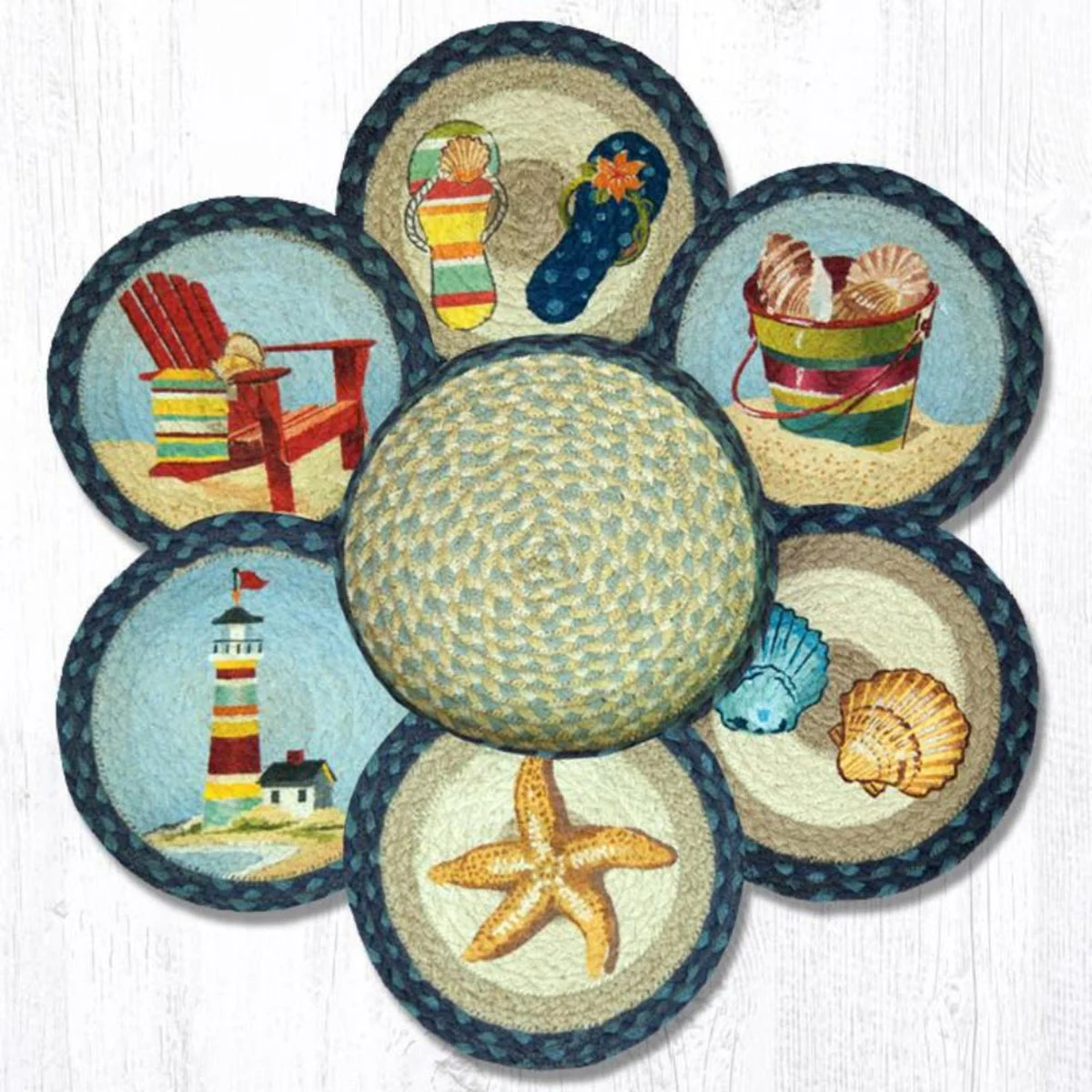 Earth Rugs By The Sea Jute Trivet Set in Basket – 10"x10" Round Braided Hot Pads, Hand-Stenciled Coastal Design, Art by Sandy Clough