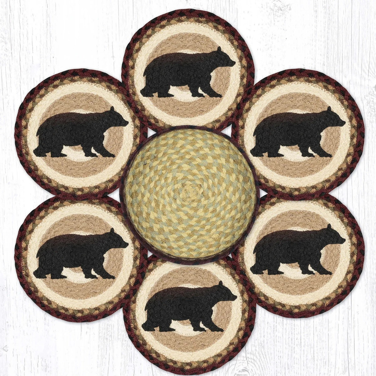 Earth Rugs Cabin Bear Basket Set – 10"x10" Round Trivets for Rustic Farmhouse Dining