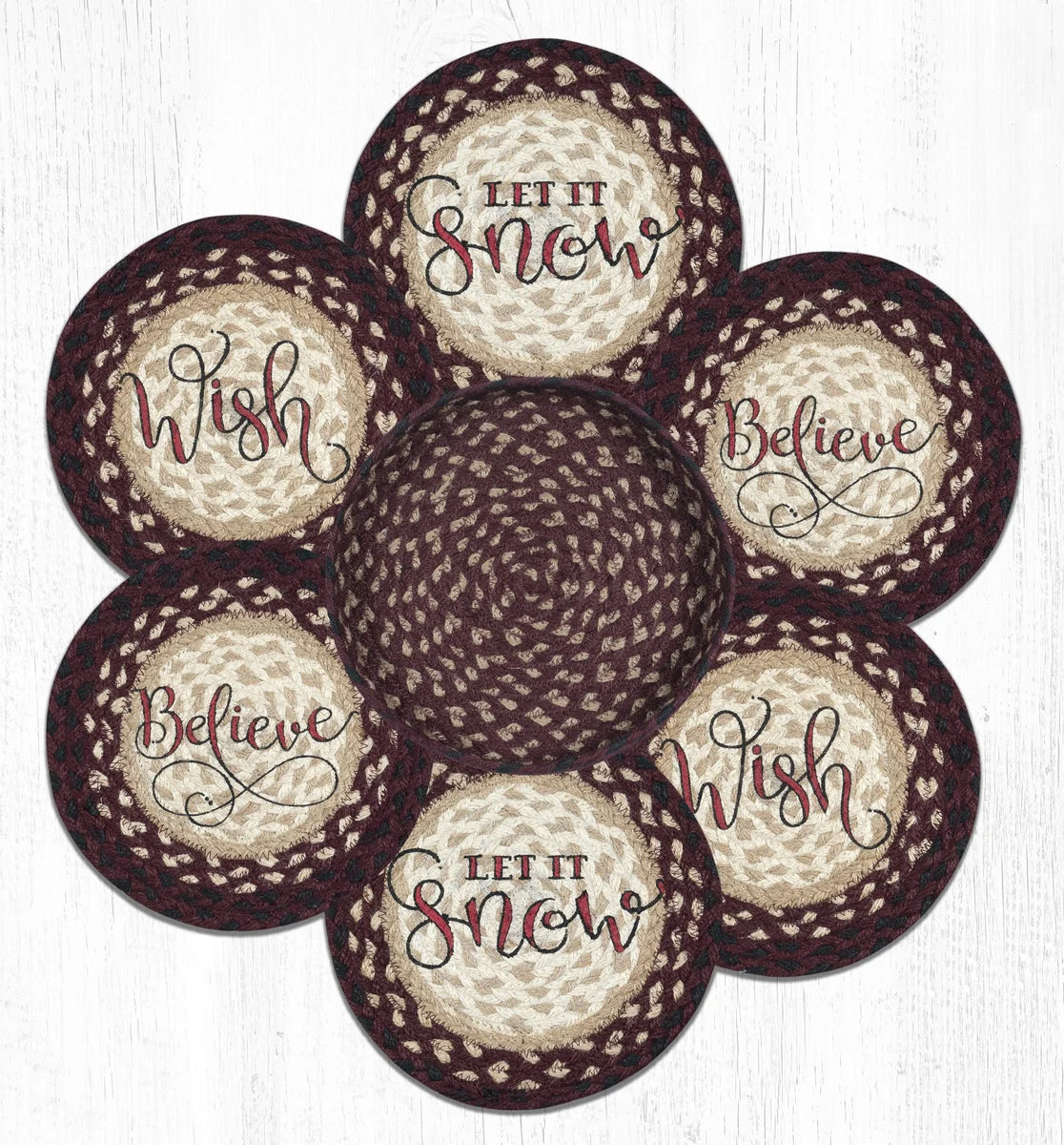 Earth Rugs Holiday Festive Round Trivets in Basket – Farmhouse Rustic Dining Set