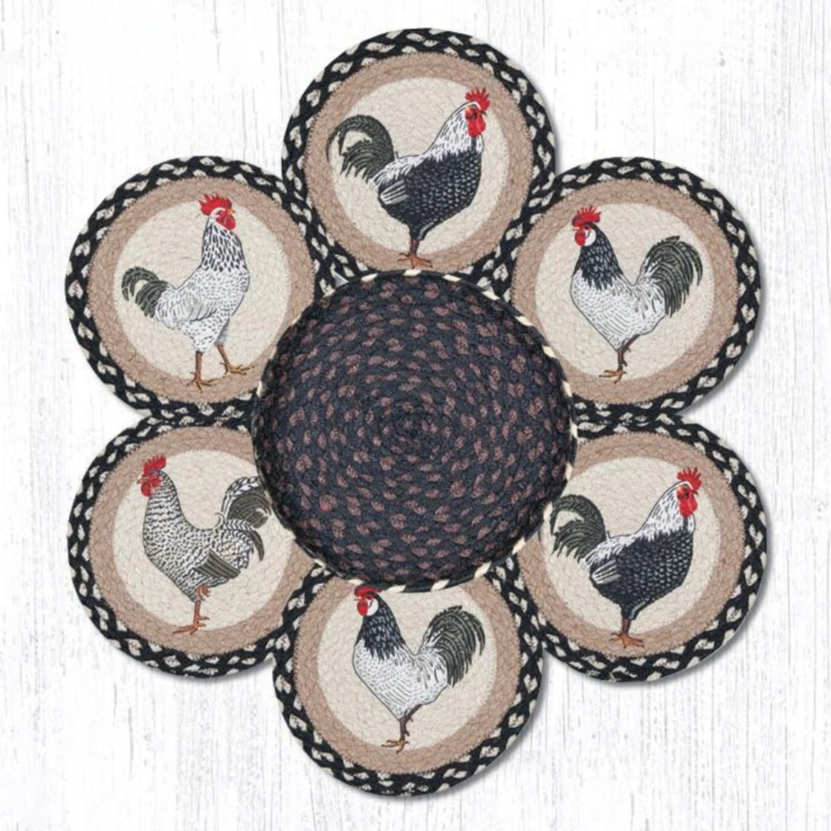 Earth Rugs Rooster Trivets in Basket – Set of Hand-Braided Jute Round Trivets 10"x10", Rustic Farmhouse Kitchen Decor