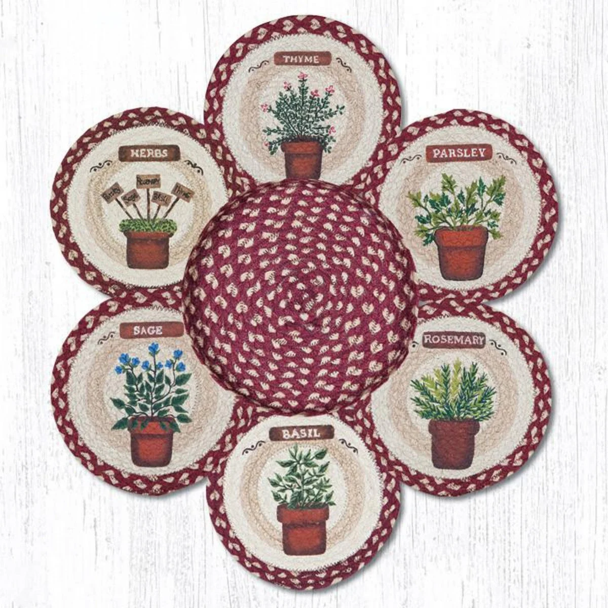 Earth Rugs Trivet – Herbs Printed Round Braided Jute Trivets in Basket, 10"x10", Rustic Kitchen Decor