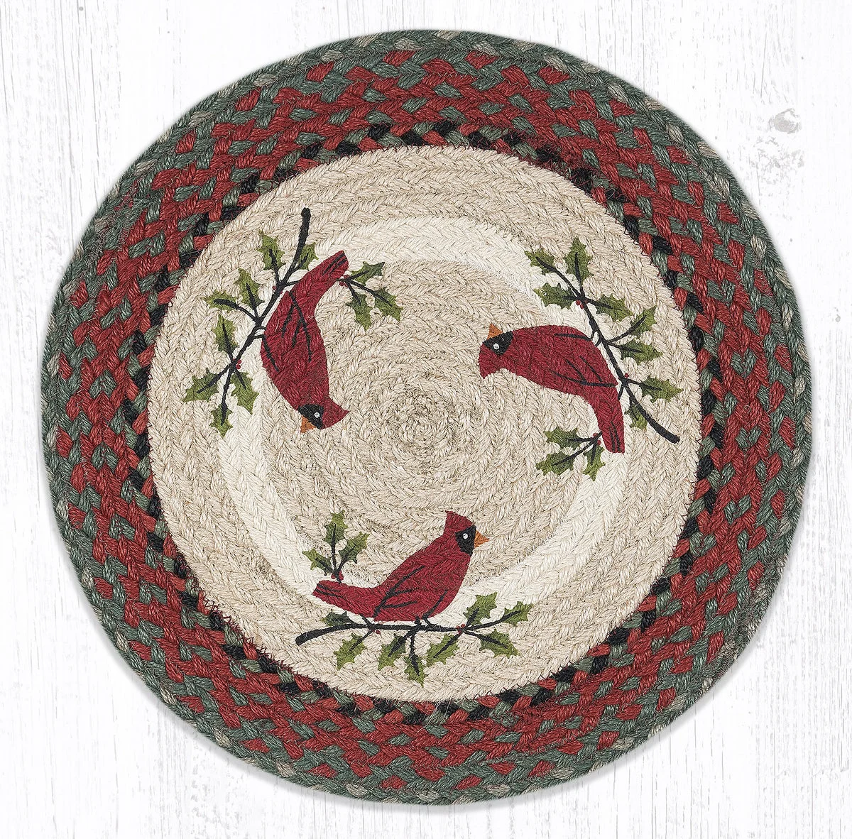 Earth Rugs Holly Cardinal Round Braided Jute Placemat – 15" Rustic Table Accent