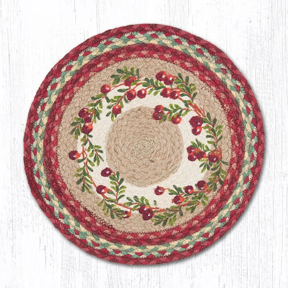 Earth Rugs Cranberries Round Placemat – 15"x15" Hand-Braided Natural Jute Table Mat