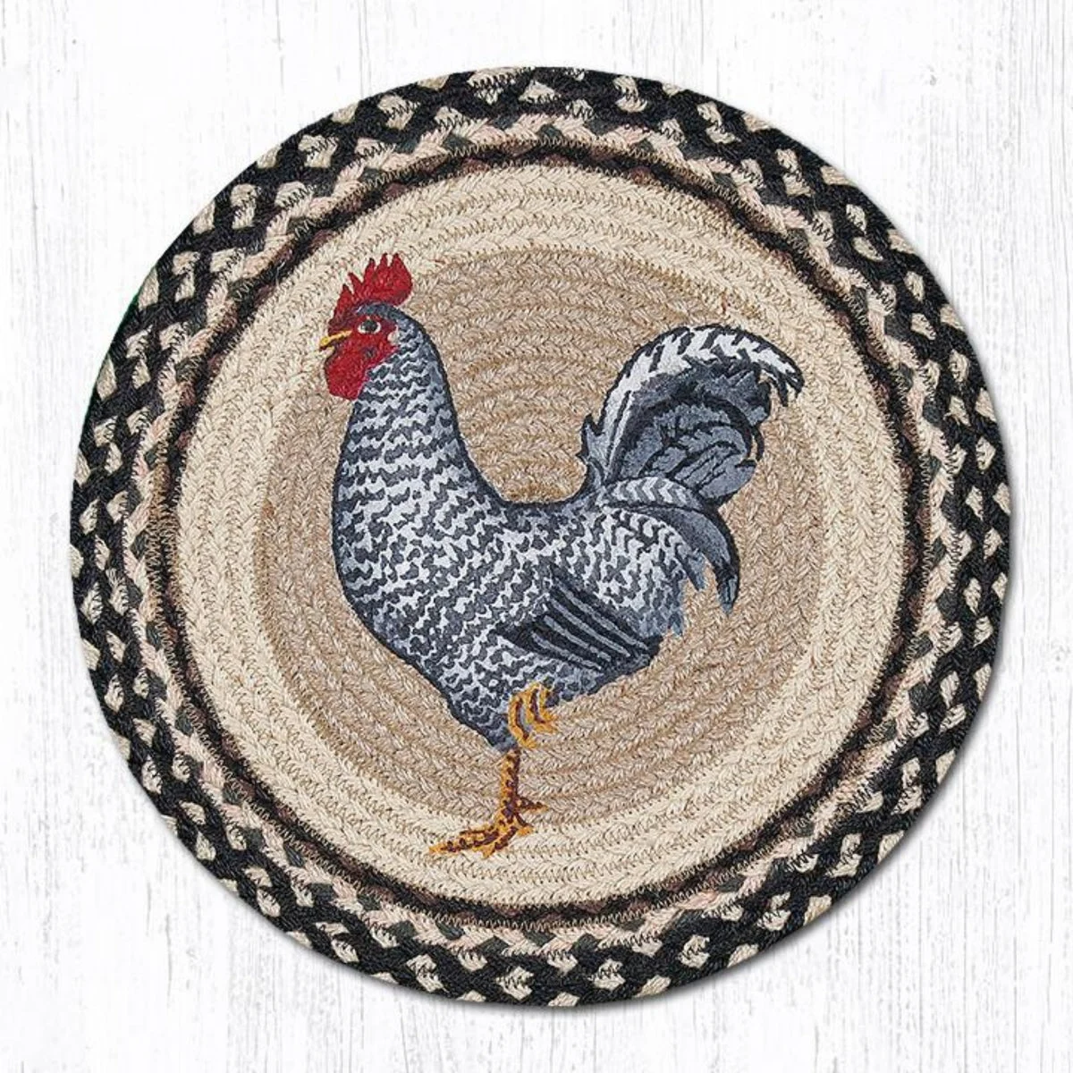 Earth Rugs Round Placemat – Black & White Rooster Print, Hand-Stenciled Jute, 15" Farmhouse Country Table Accent
