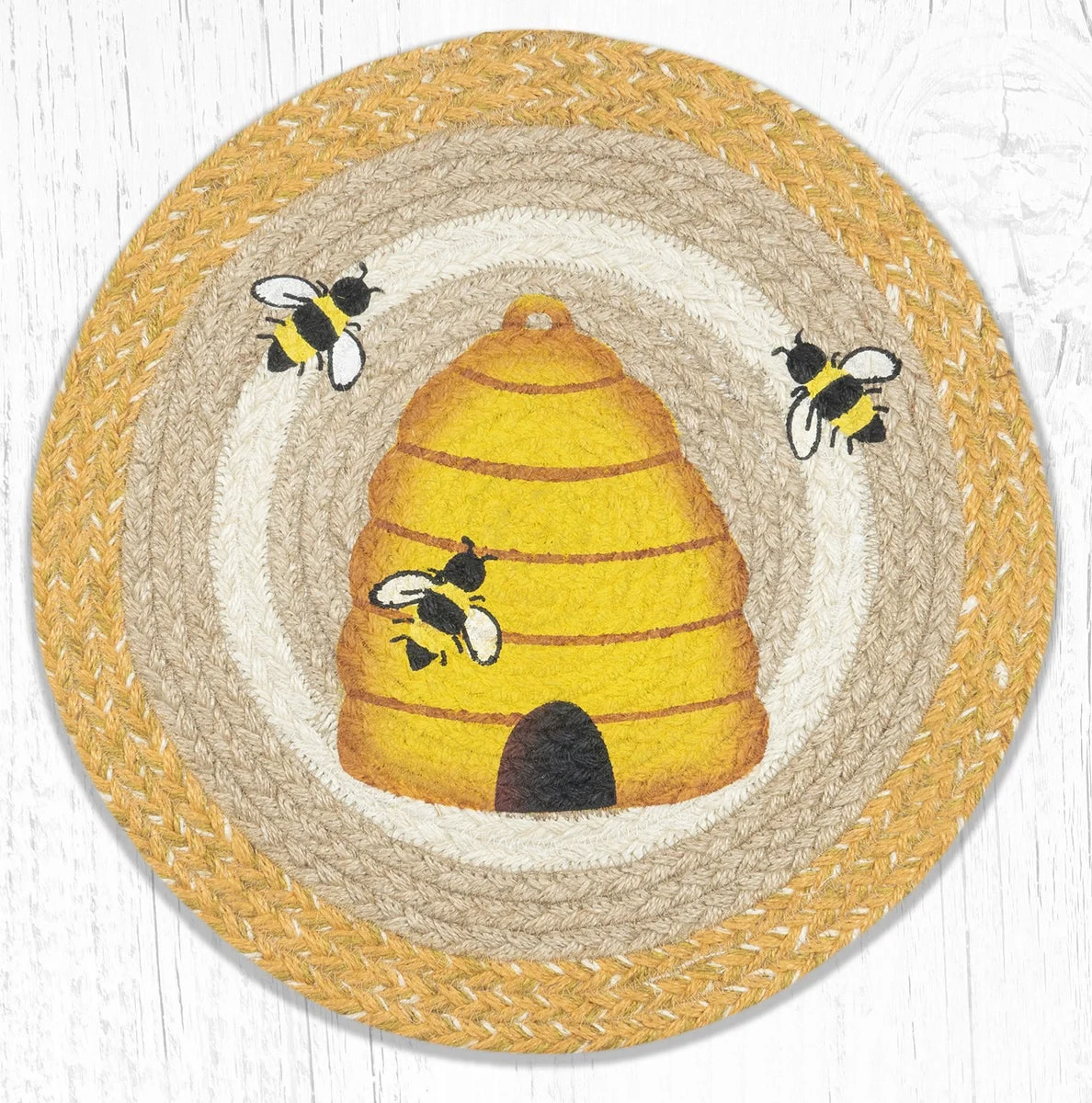 Earth Rugs Beehive Printed Round Placemat, 15"x15", Hand-Stenciled Jute, Natural Table Accent with Rustic Bee Design