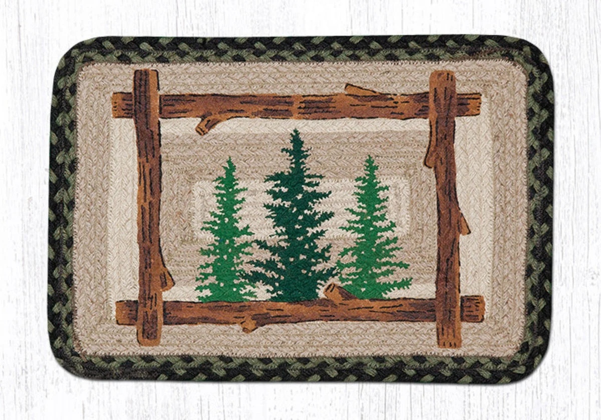 Earth Rugs Printed Placemat 13"x19", Tall Timbers Forest Scene, Rustic Oblong Jute Dining Mat for Cabin or Lodge Decor