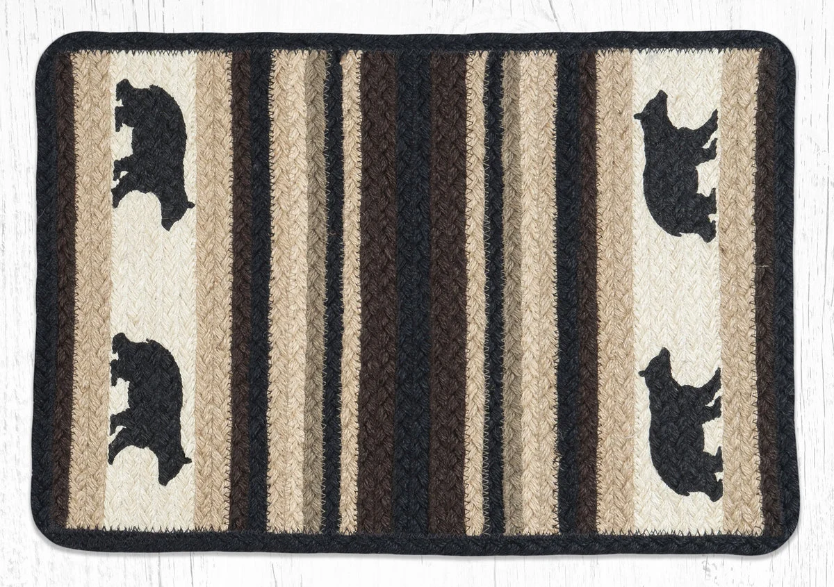Earth Rugs Printed Placemat 13"x19", Cabin Bear Scene on Braided Jute, Rustic Lodge Dining Accent in Oblong Shape