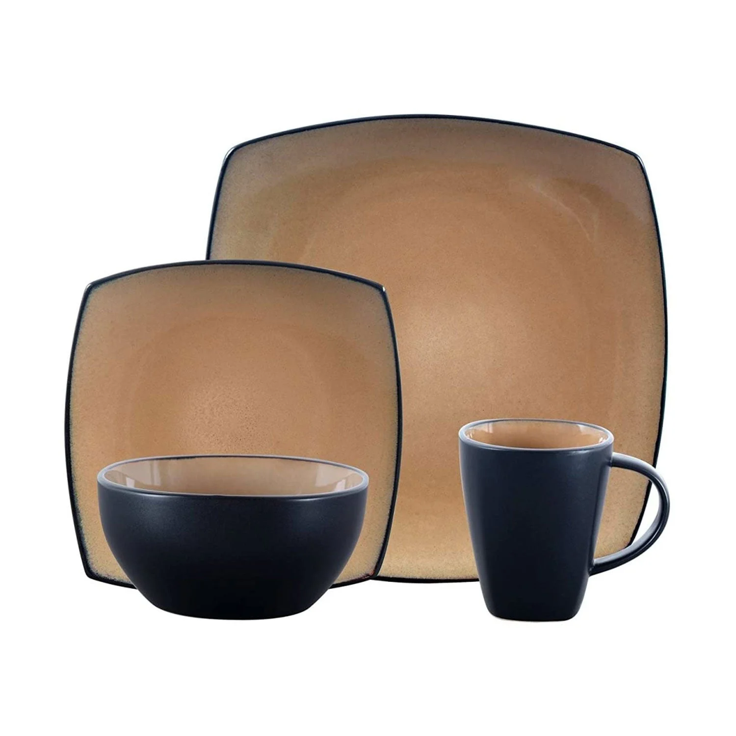 Gibson Soho Lounge 16 Piece Square Dinnerware Plates, Bowls, and Mugs Set, Taupe