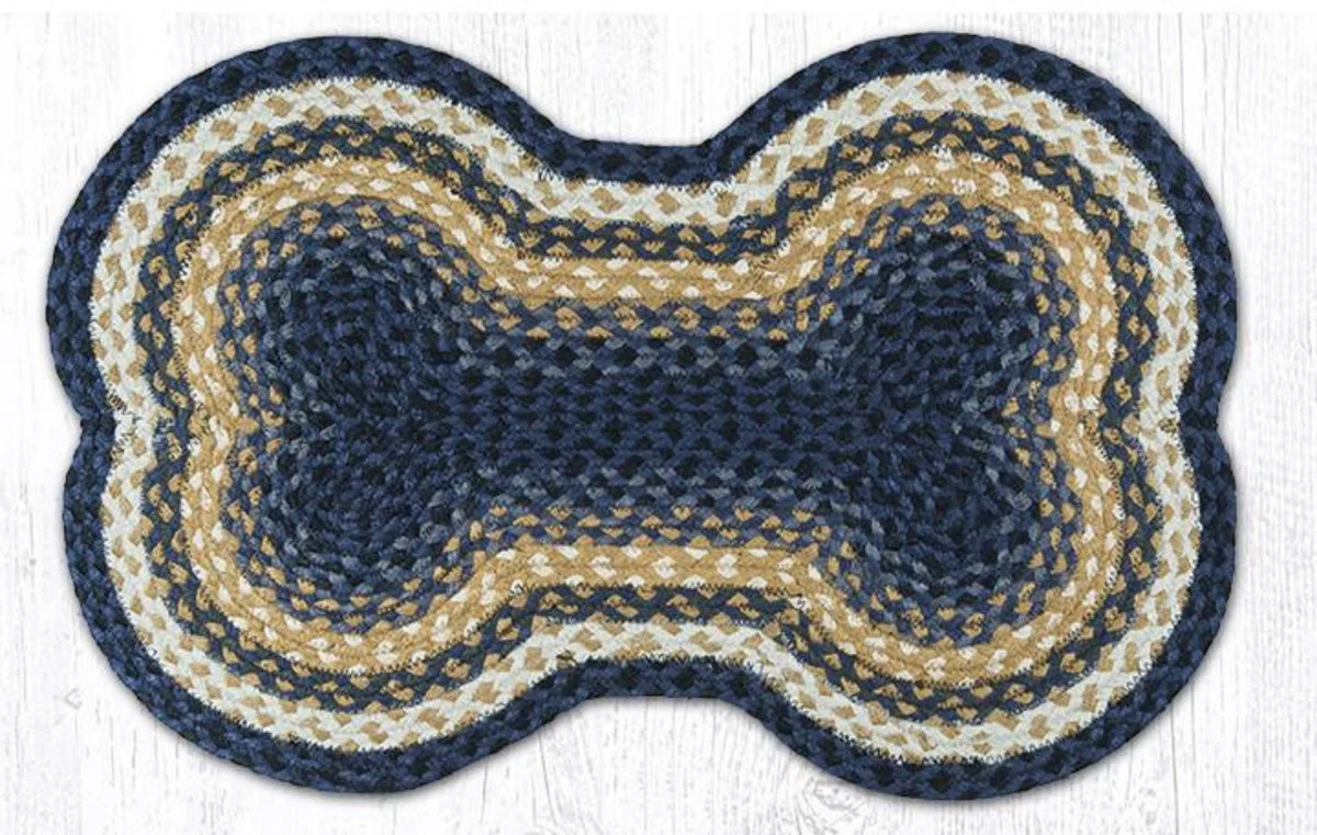 Earth Rugs Light Blue, Dark Blue & Mustard Dog Bone Stair Tread 18"x28" – Braided Cotton Pet Mat