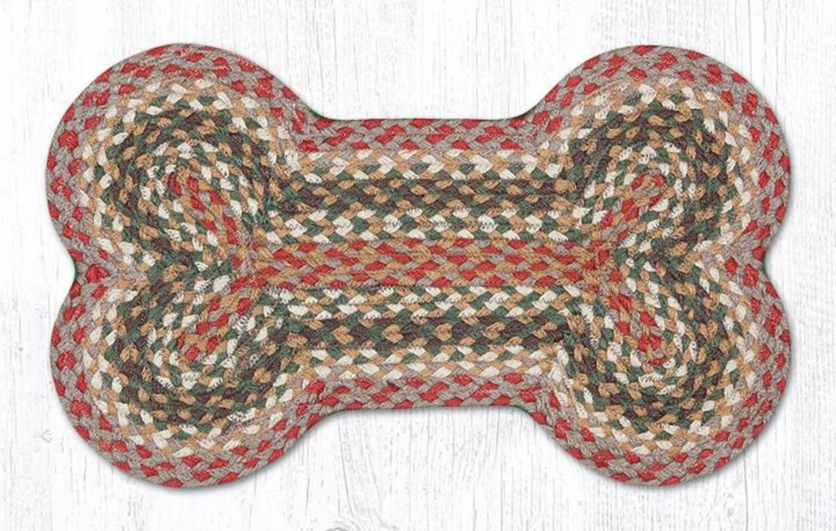Earth Rugs Medium Dog Bone Mat 13"x22", Olive, Burgundy & Gray Braided Jute, Rustic Pet Rug for Feeding & Lounging Areas