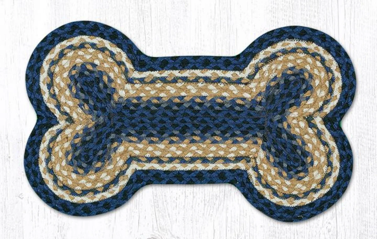 Earth Rugs Medium Dog Bone Mat 13"x22", Lt. Blue, Dk. Blue & Mustard Braided Jute, Coastal Rustic Pet Rug for Feeding Areas