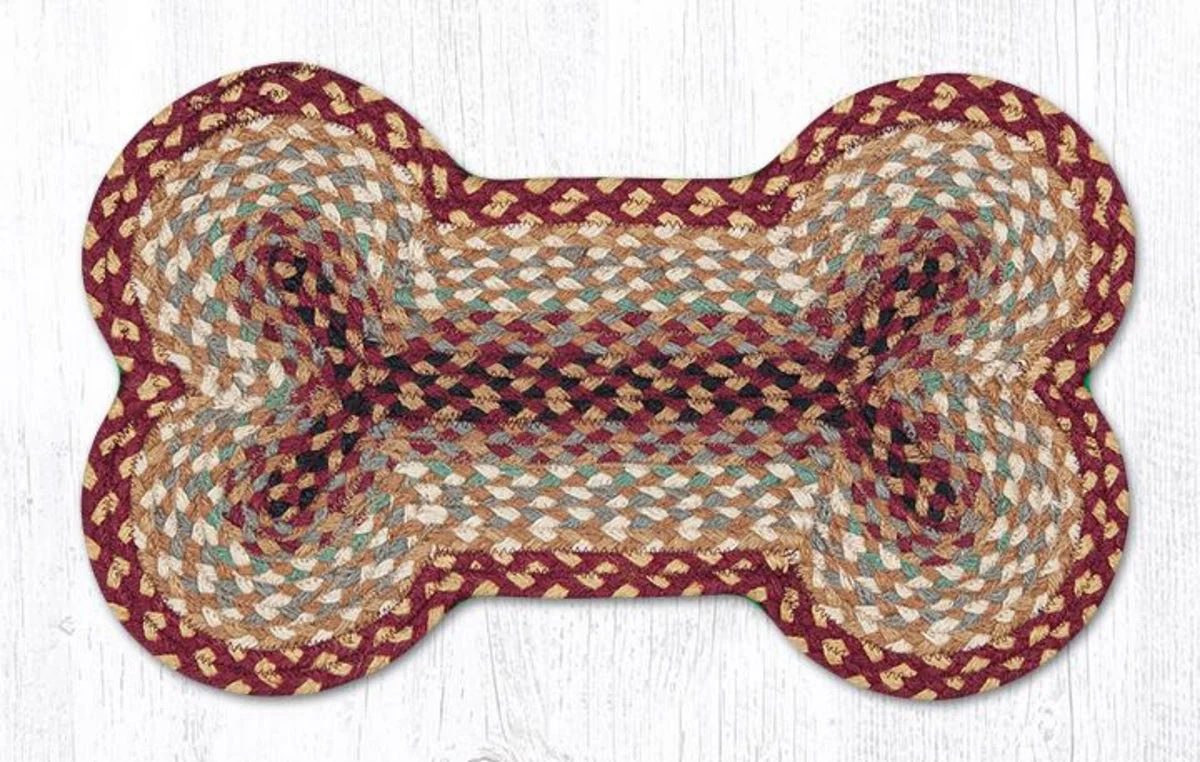 Earth Rugs Medium Dog Bone Mat 13"x22", Burgundy, Gray & Cream Braided Jute, Rustic Pet Rug for Feeding & Resting Areas