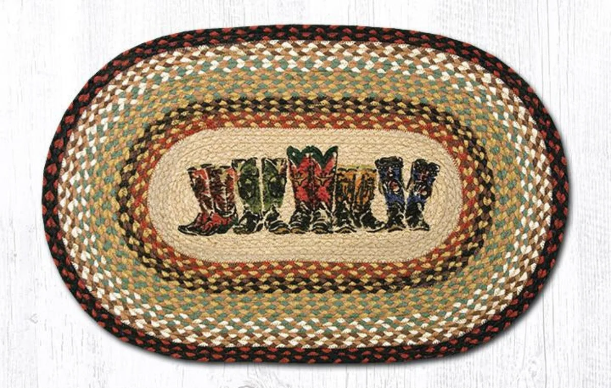 Earth Rugs Western Boots Oval Braided Jute Rug 20"x30" – Rustic Hand-Stenciled Accent Mat