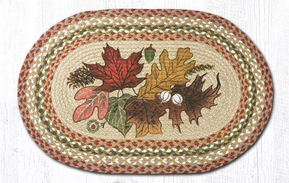 Earth Rugs Autumn Leaves Oval Jute Rug – 20"x30" Hand-Stenciled Braided Patch, Rustic Home Decor
