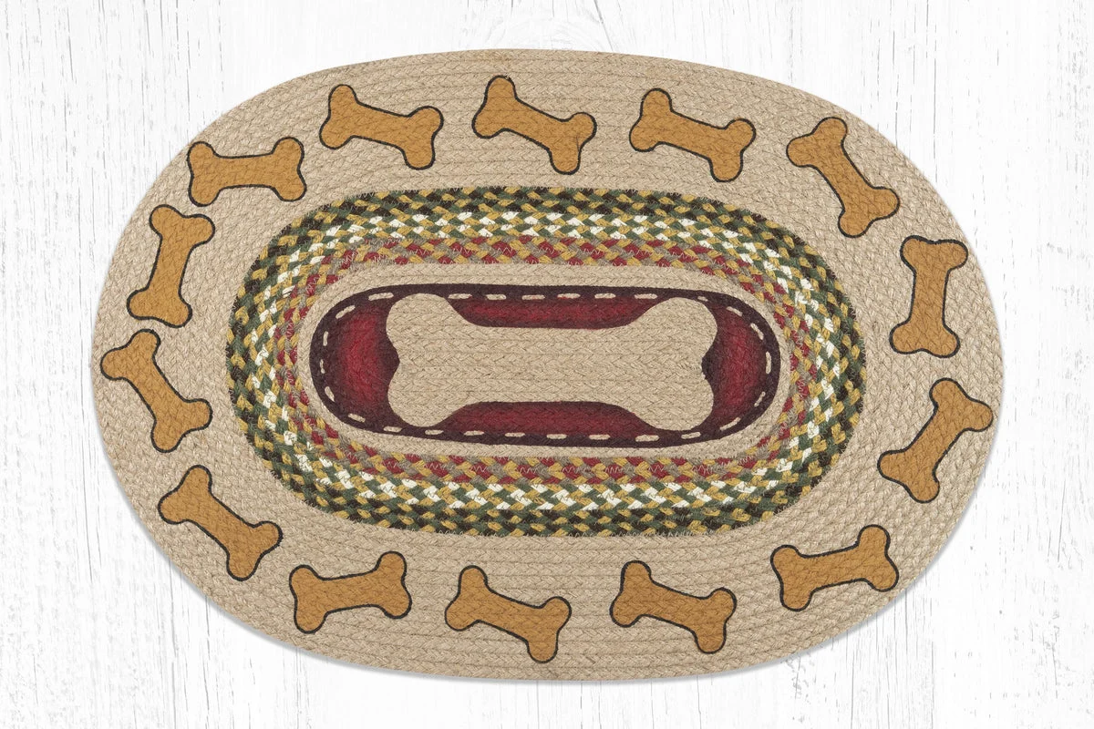 Earth Rugs Dog Bones Oval Jute Stair Tread – 20"x30" Hand-Stenciled Braided Patch, Rustic Pet-Friendly Decor