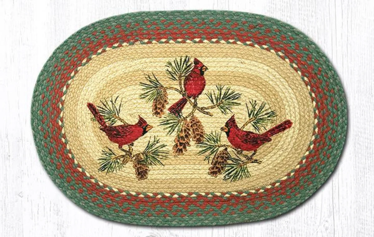 Earth Rugs Cardinals Oval Braided Jute Tread – 20"x30" Hand-Stenciled Rustic Floor Accent