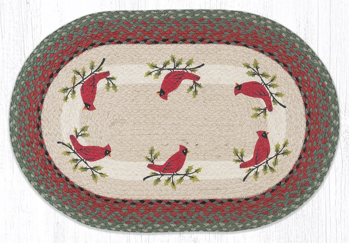 Earth Rugs OP-25 Holly Cardinal Oval Jute Patch Tread 20"x30" – Hand Stenciled Design
