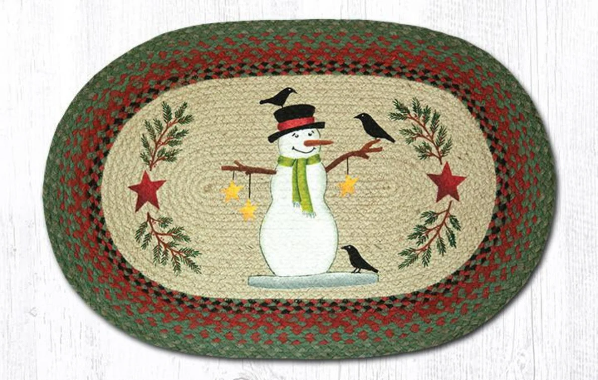 Earth Rugs OP-25 Snowman with Crow Oval Braided Jute Tread – 20"x30" Hand-Stenciled Holiday Accent