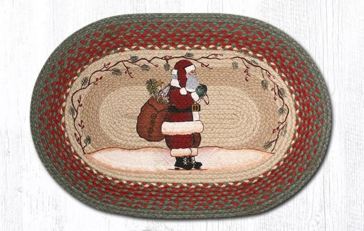 Earth Rugs Santa Oval Jute Tread – 20"x30" Rustic Hand-Stenciled Holiday Accent