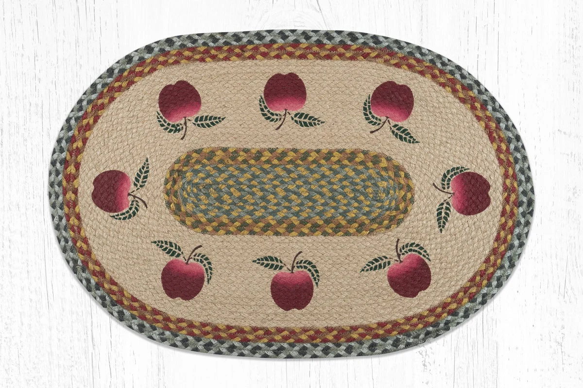 Earth Rugs OP-42 Apples Oval Braided Jute Tread – 20"x30" Hand-Stenciled Farmhouse Accent Rug