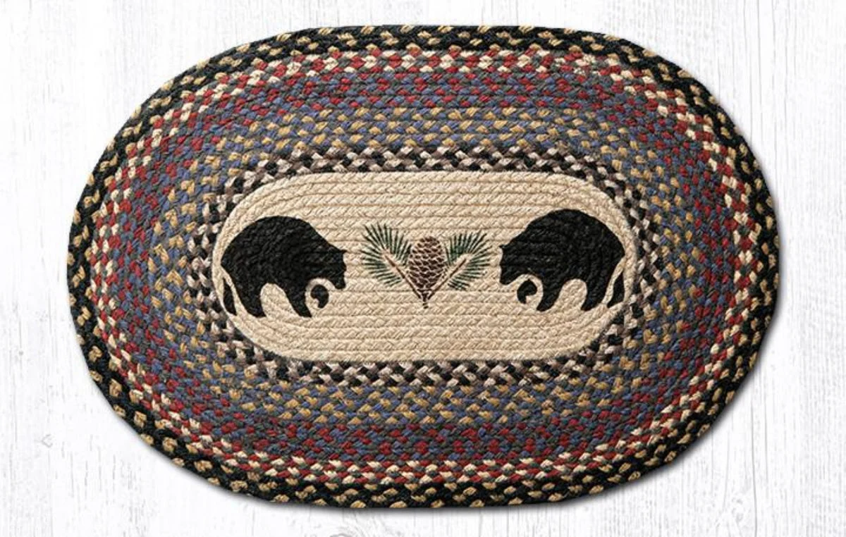 Earth Rugs OP-43 Black Bears Oval Braided Jute Tread – 20"x30" Hand-Stenciled Rustic Cabin Accent