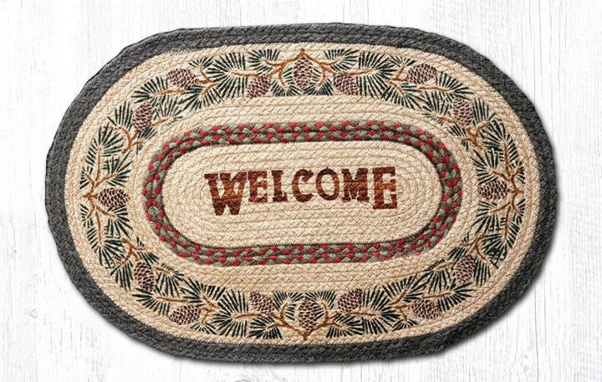 Earth Rugs Pinecone Welcome Print Oval Patch 20"x30" – Handmade Look Accent