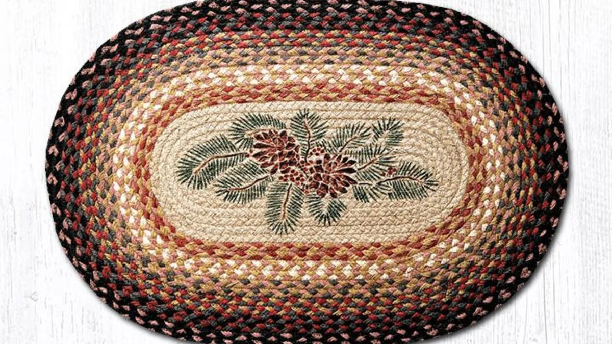 Earth Rugs Pinecone and Red Berry Oval Jute Tread – 20"x30", Nature-Inspired Hand-Stenciled Patch