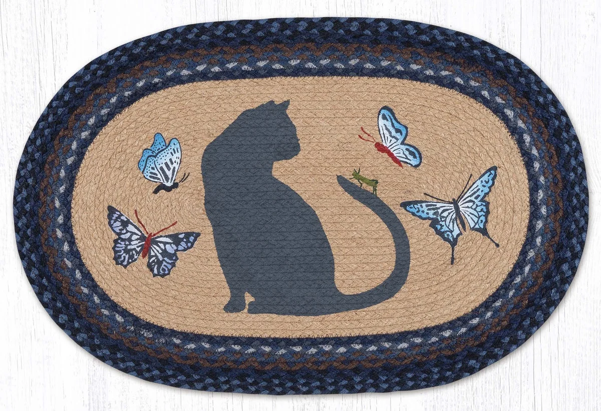 Earth Rugs Cat and Grasshopper Oval Jute Tread – 20"x30", Nature-Inspired Hand-Stenciled Patch