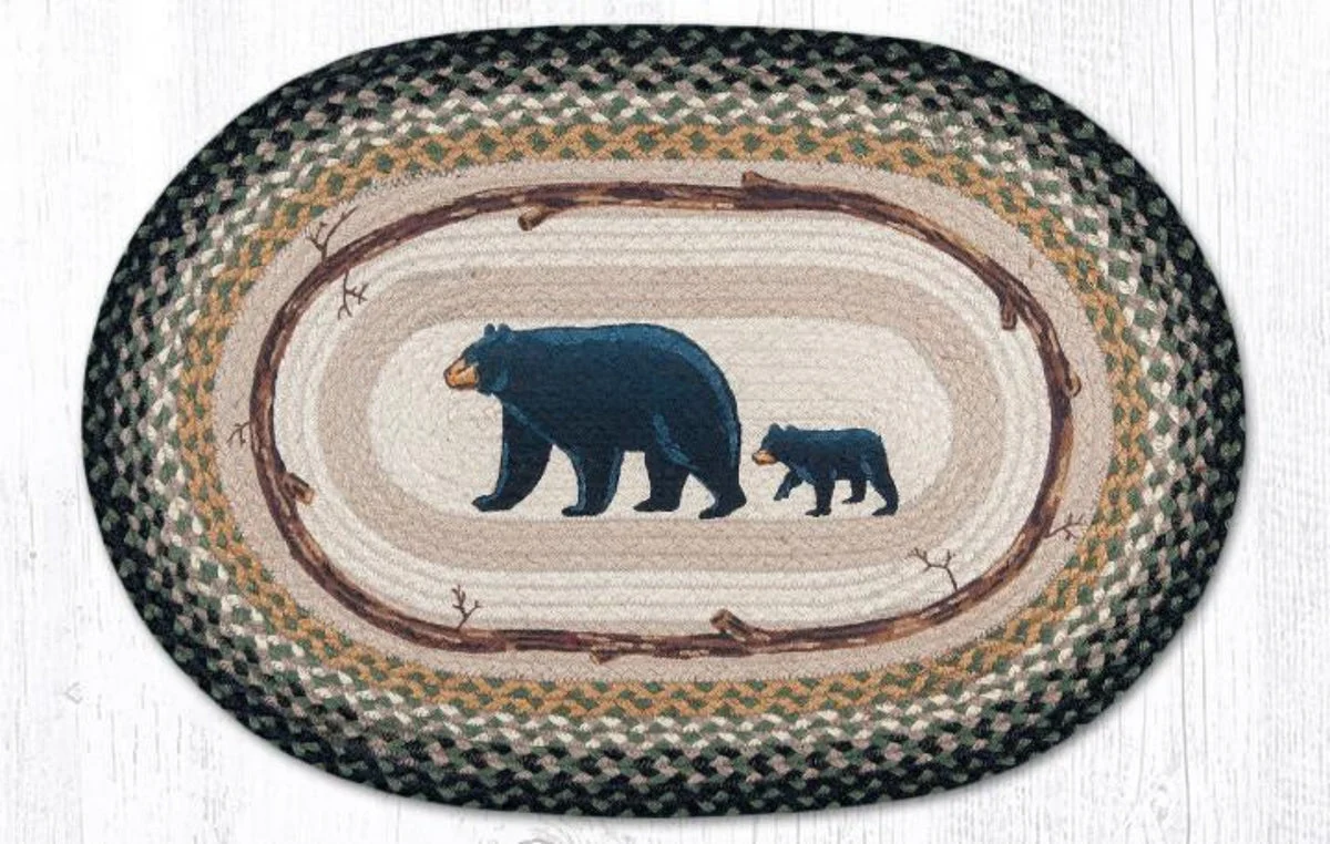 Earth Rugs Oval Patch Tread – 20"x30" Braided Jute with Mama and Baby Bear Design for Rustic Cabin or Lodge Decor