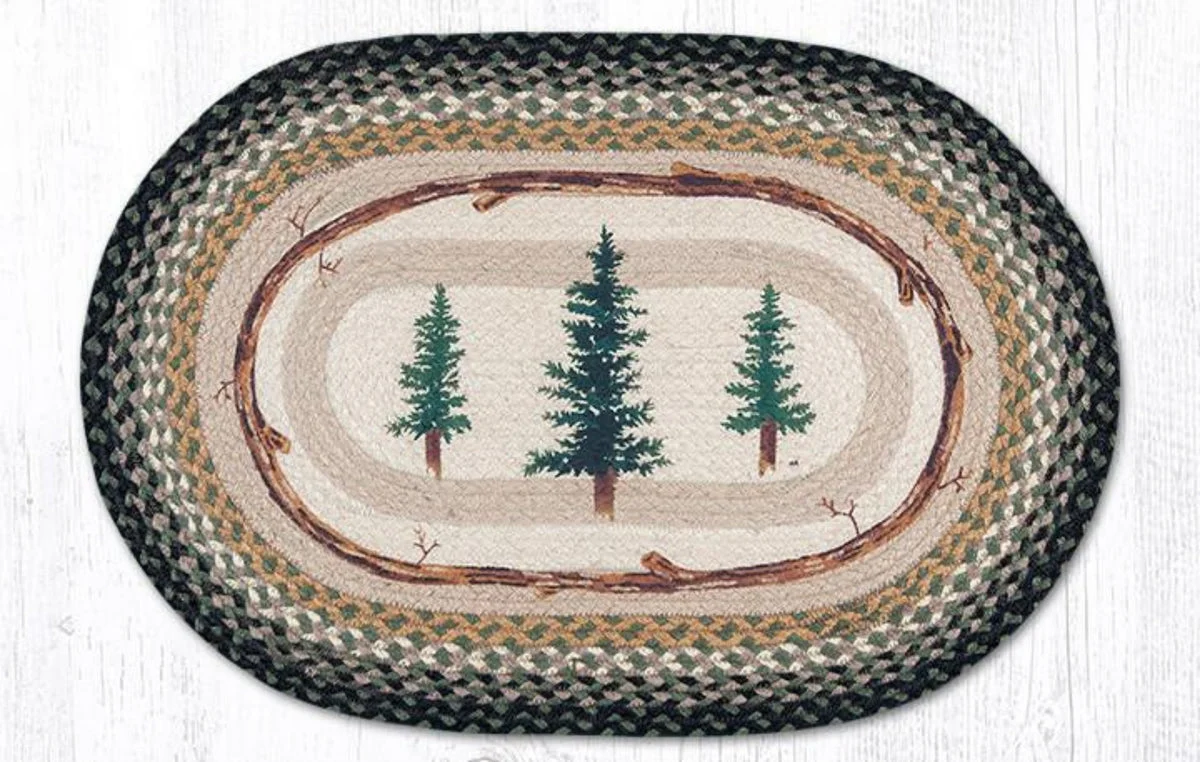 Earth Rugs Oval Patch Tread – 20"x30" Braided Jute Rug with Tall Timbers Forest Scene, Rustic Cabin Accent for Entry or Kitchen