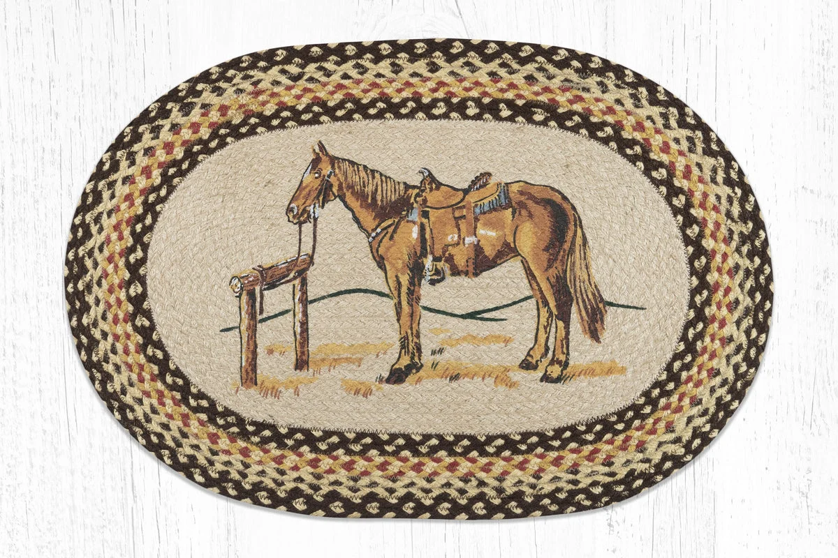Earth Rugs Oval Patch Tread – 20"x30" Braided Jute Rug with Horse Silhouette Design, Rustic Western Accent for Entry or Kitchen