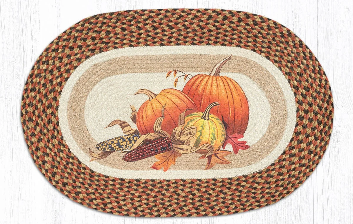 Earth Rugs Joyful Harvest Oval Patch Tread – 20"x30" Hand-Stenciled Braided Jute Autumn Accent