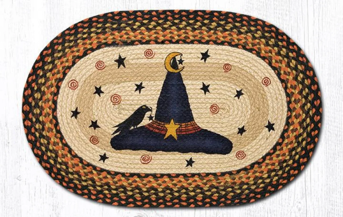 Earth Rugs Witch Hat Oval Patch Tread– 20"x30" Braided Jute Hand-Stenciled Halloween Accent