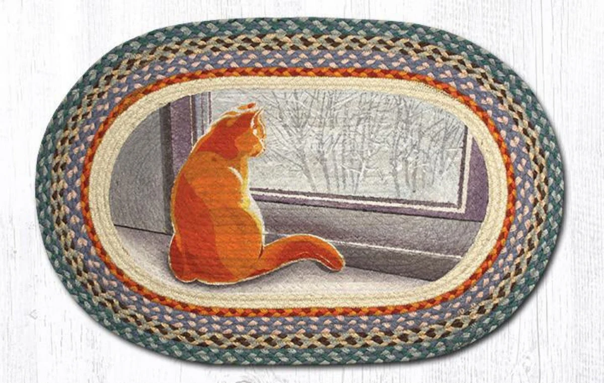 Earth Rugs Winter Cat Oval Patch Rug, 20"x30", Braided Jute Accent with Holiday Cat Design