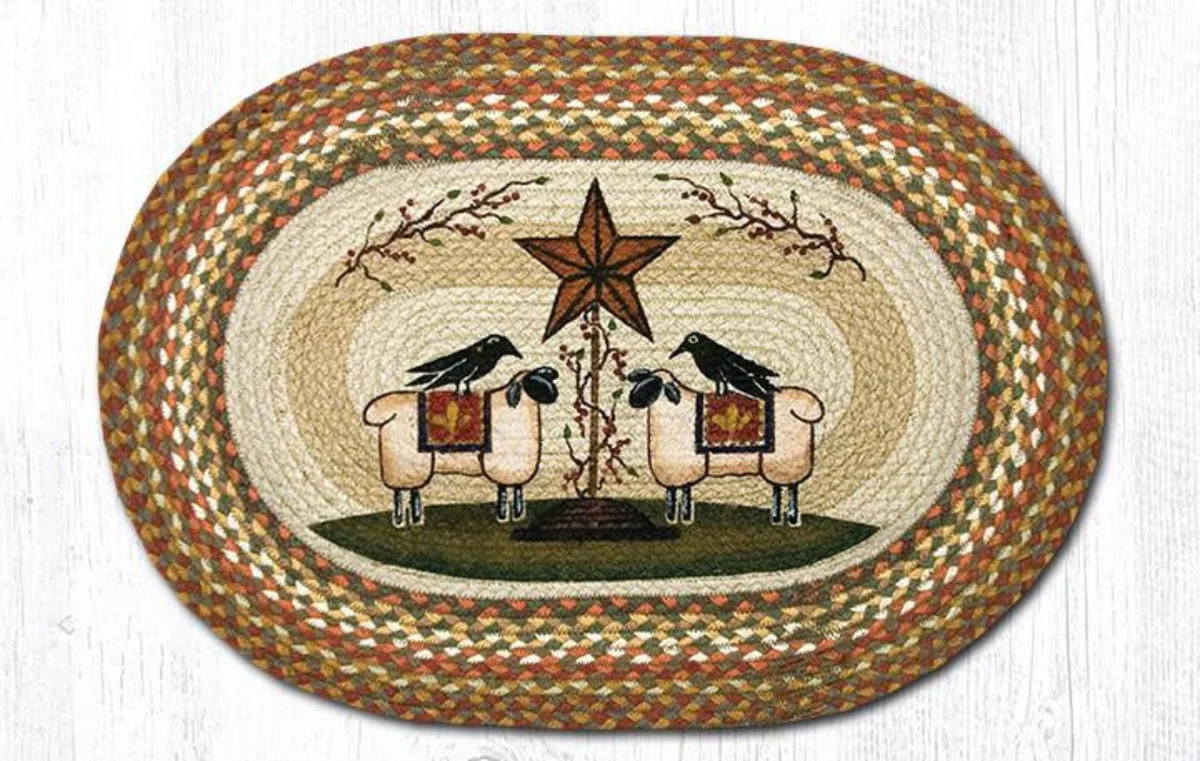 Earth Rugs Sheep & Barn Star Oval Patchwork Tread 20"x30" Farmhouse Hallway Runner