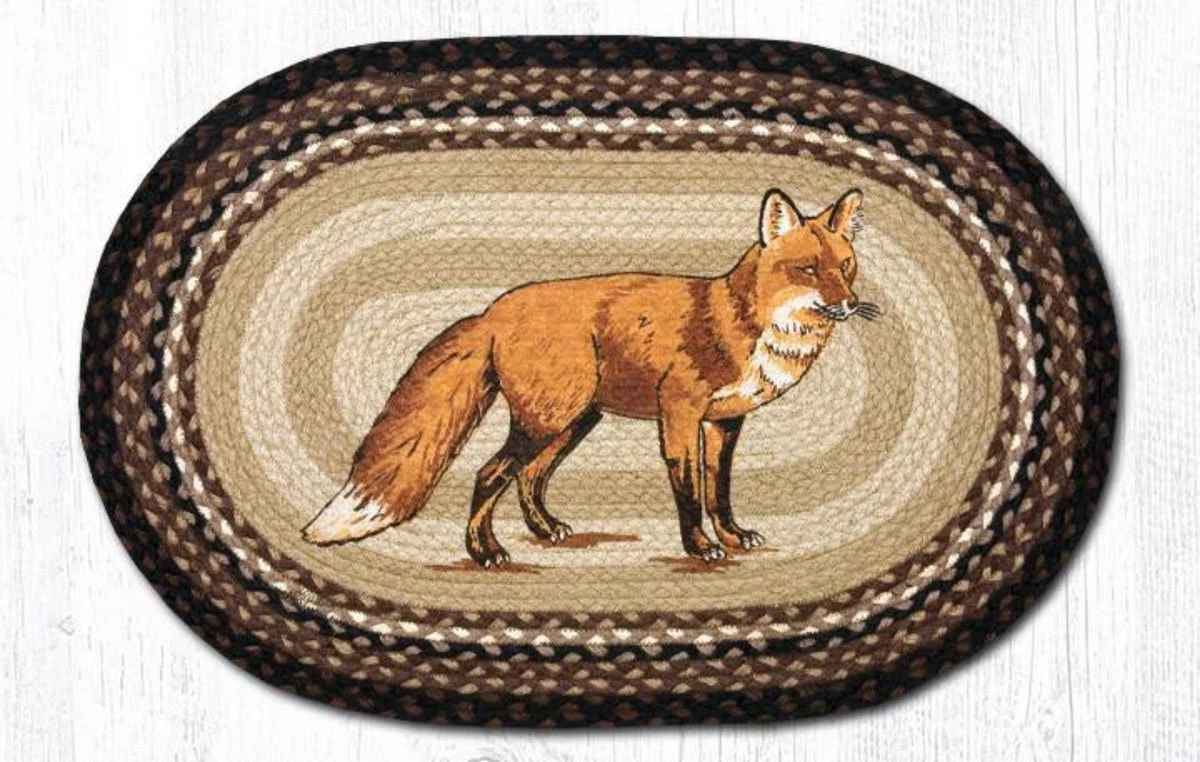 Earth Rugs Fox Oval Patch Tread 20"x30" – Hand-Stenciled Braided Jute Rug with Rustic Wildlife Scene
