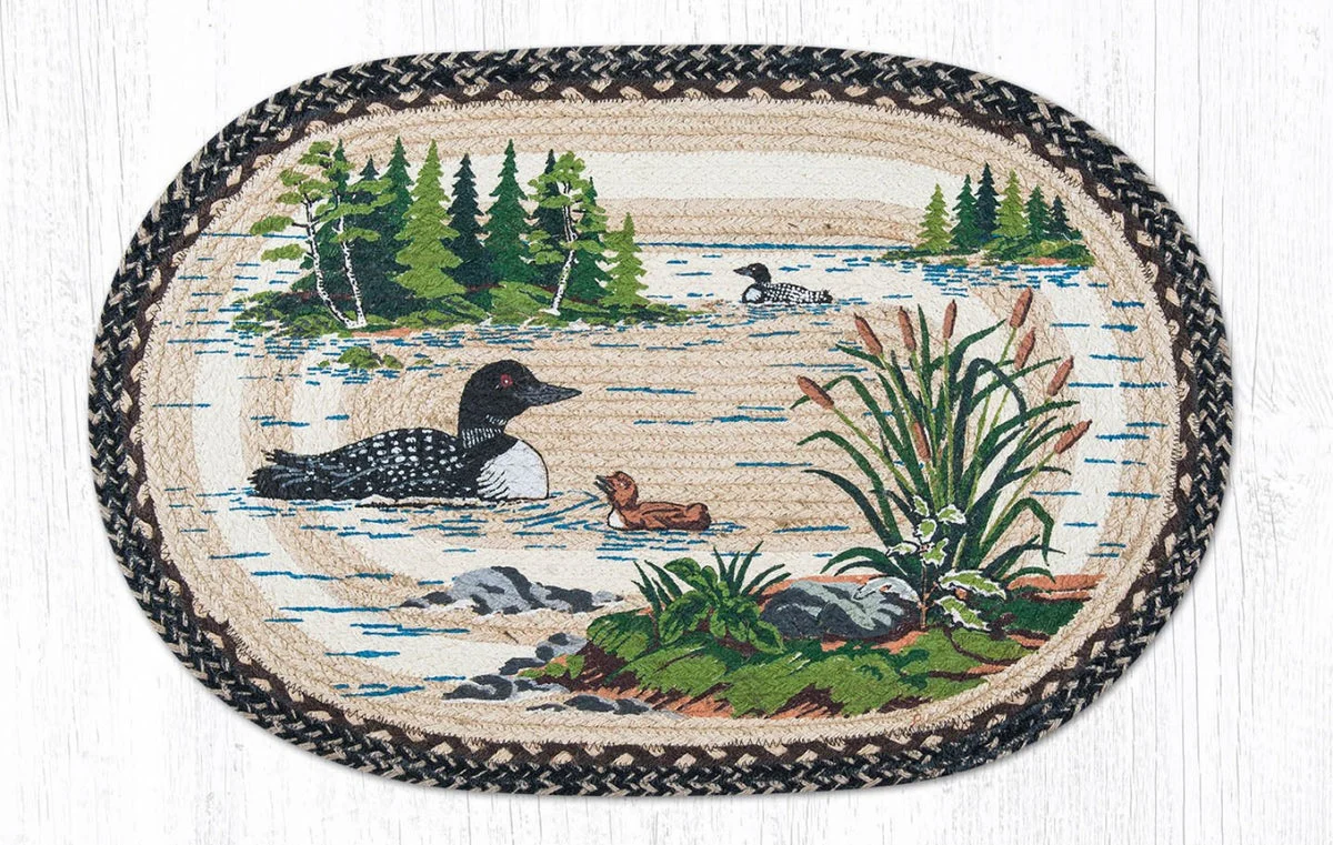 Earth Rugs Loons Oval Patch Tread 20"x30" – Hand-Stenciled Braided Jute Rug with Rustic Lakehouse Wildlife Scene