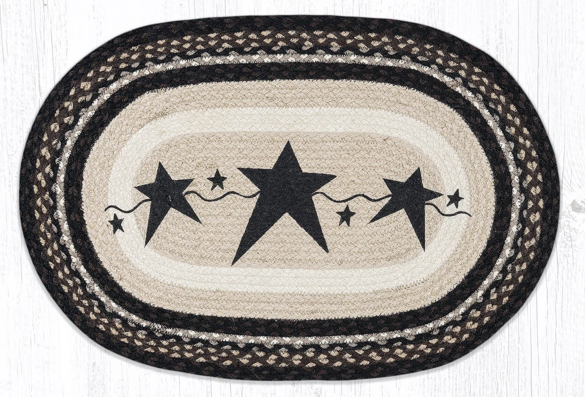 Earth Rugs Primitive Stars Black Oval Patch Tread– 20"x30" Wool Blend, Rustic Country Accent for Farmhouse Decor