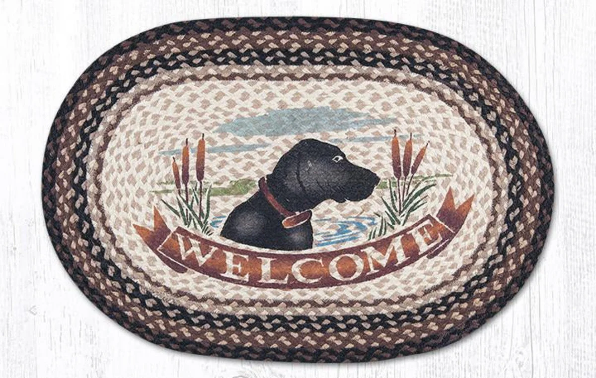 Earth Rugs Welcome Dog Oval Patch Tread Rug – 20"x30" Wool Blend, Rustic Entry Accent with Hand-Stitched Canine Design