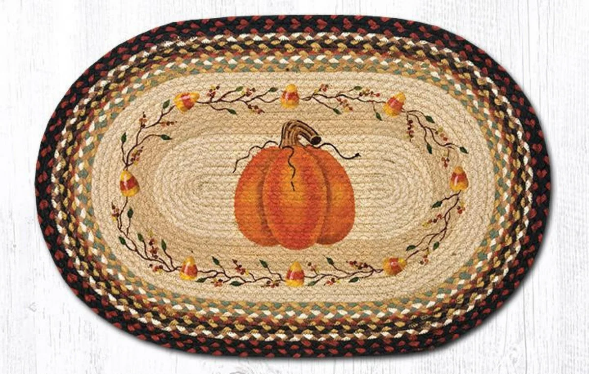Earth Rugs Pumpkin Candy Corn Oval Rug – 20"x30" Hand-Braided Jute Mat with Fall Harvest and Halloween Design