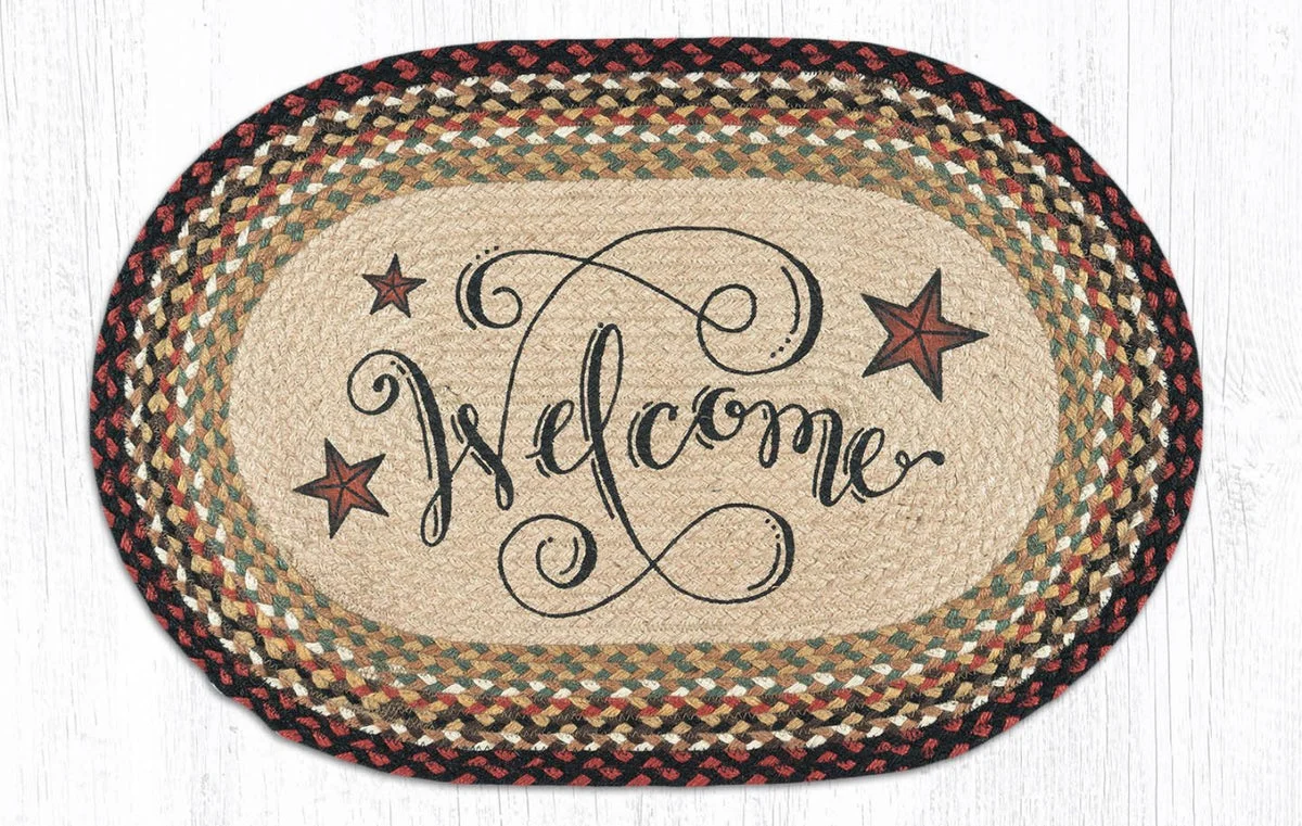 Earth Rugs Welcome Barn Stars Oval Rug – 20"x30" Hand-Braided Jute Accent Mat with Folk Star & Rustic Farmhouse Design