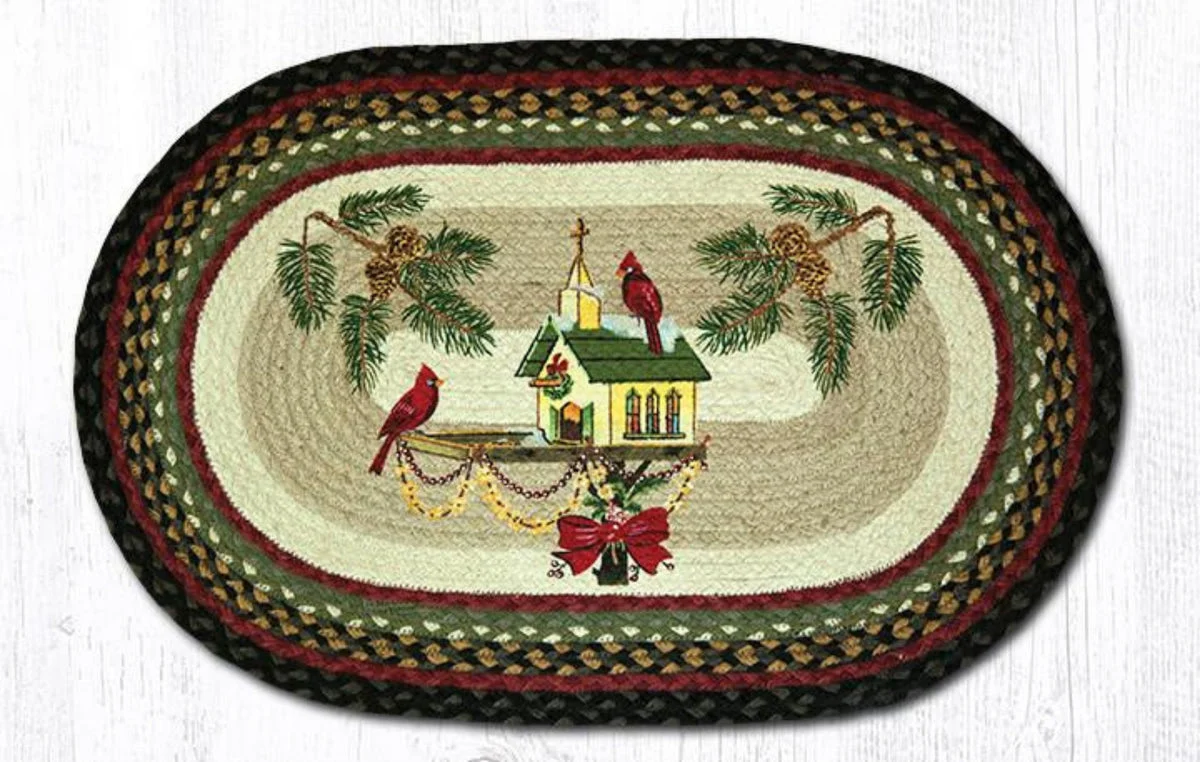 Earth Rugs Oval Patch Rug Christmas Birdhouse – 20"x30" Hand-Braided Holiday Jute Mat