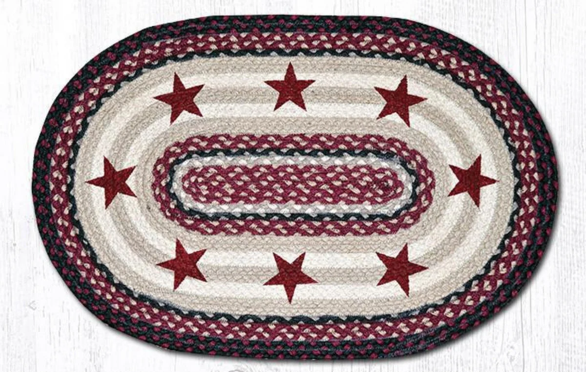 Earth Rugs Oval Patch Tread Burgundy Stars – 20"x30" Hand-Braided Natural Jute Primitive Accent
