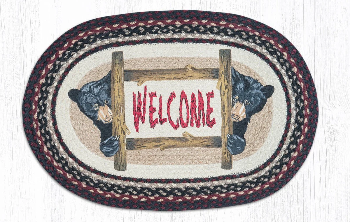 Earth Rugs Bear Welcome Oval Patch Tread Rug – 20"x30" Wool Blend, Rustic Cabin Accent with Hand-Stitched Bear & Text Design