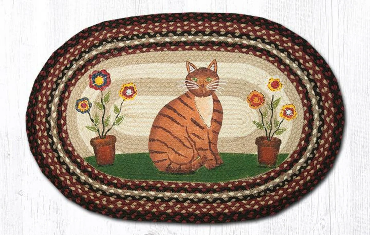 Earth Rugs Folk Art Cat Oval Patch Rug – 20"x30" Wool Blend, Hand-Stitched Feline Design for Rustic & Whimsical Decor