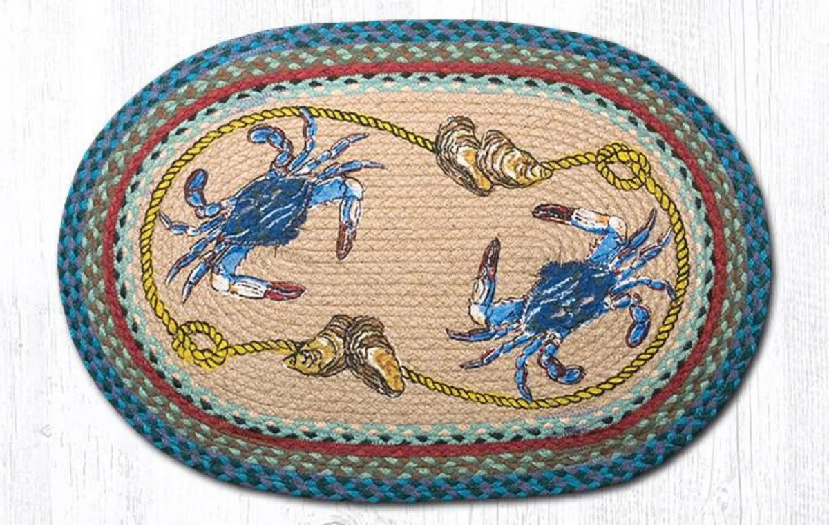 Earth Rugs Blue Crab Braided Oval Patch Tread – Farmhouse Coastal 20"x30"