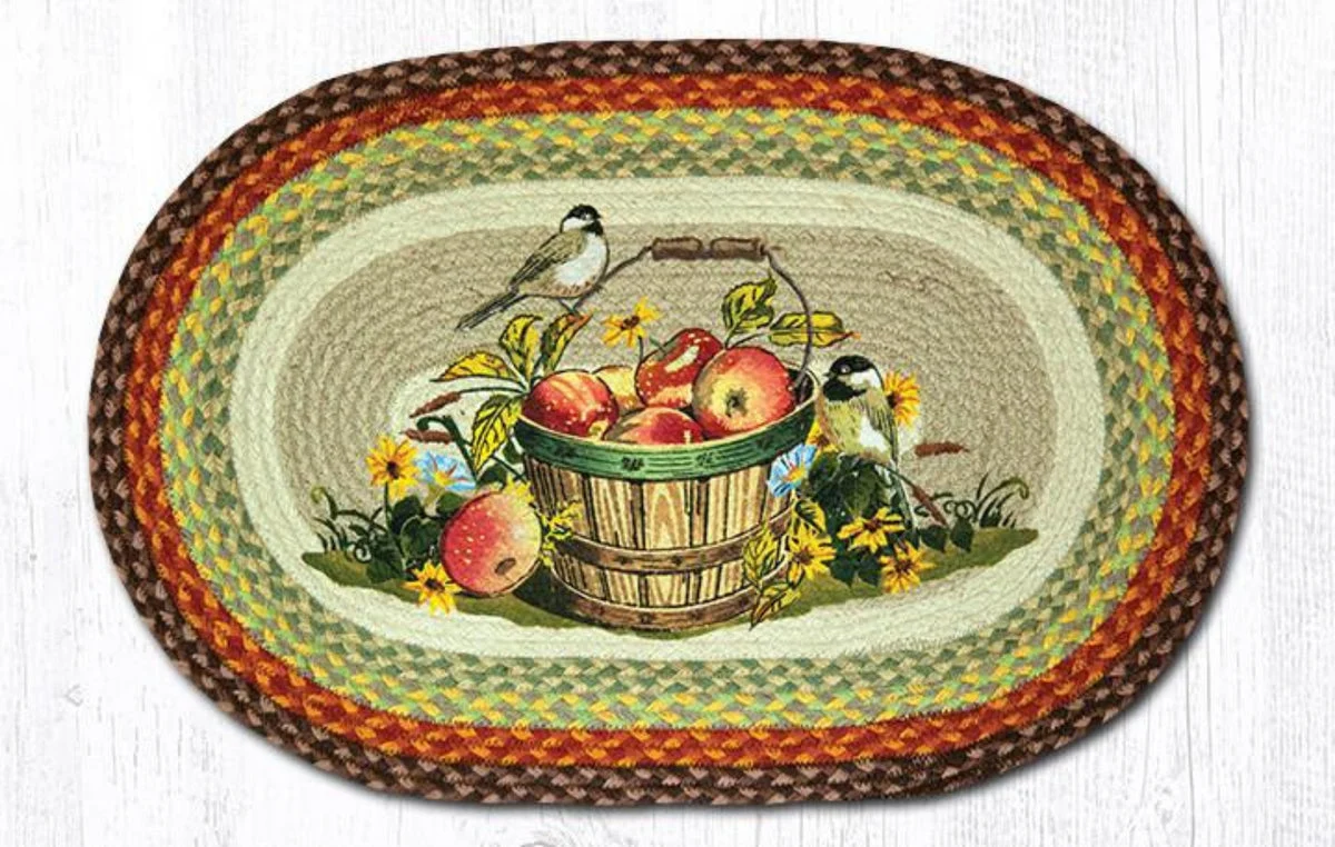 Earth Rugs Apple Chickadee Oval Patch Tread 20"x30" – Hand-Braided Jute Accent with Chickadee & Apple Design for Farmhouse Decor