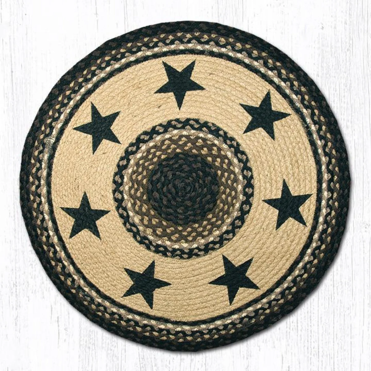 Earth Rugs Black Stars Round Patch Tread 27"x27" – Hand-Stenciled Jute Mat with Americana Braided Design