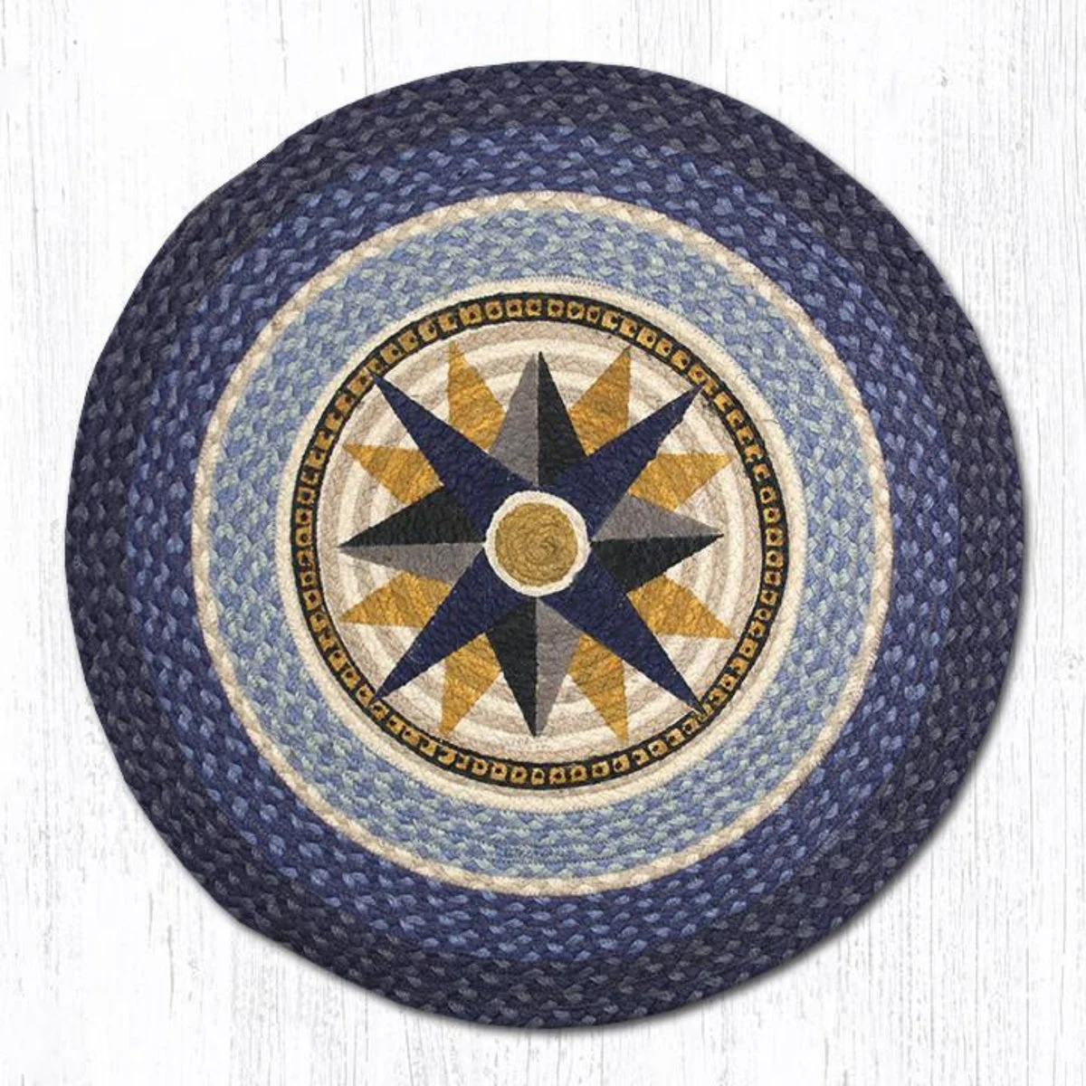 Earth Rugs Compass Round Patch Tread Rug – 27"x27" Wool Blend, Hand-Stitched Nautical Design with Earth-Tone Braided Border